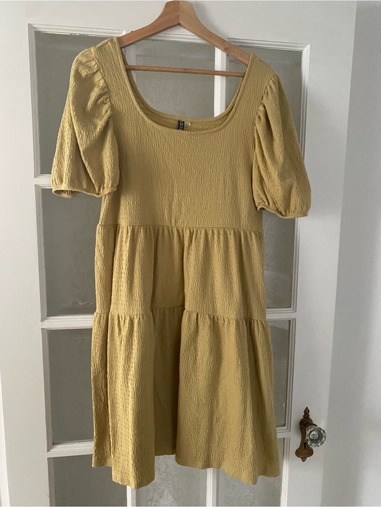 ASOS Dresses & Skirts - ASOS Mustard Tiered Midi Dress with Puff Sleeves
